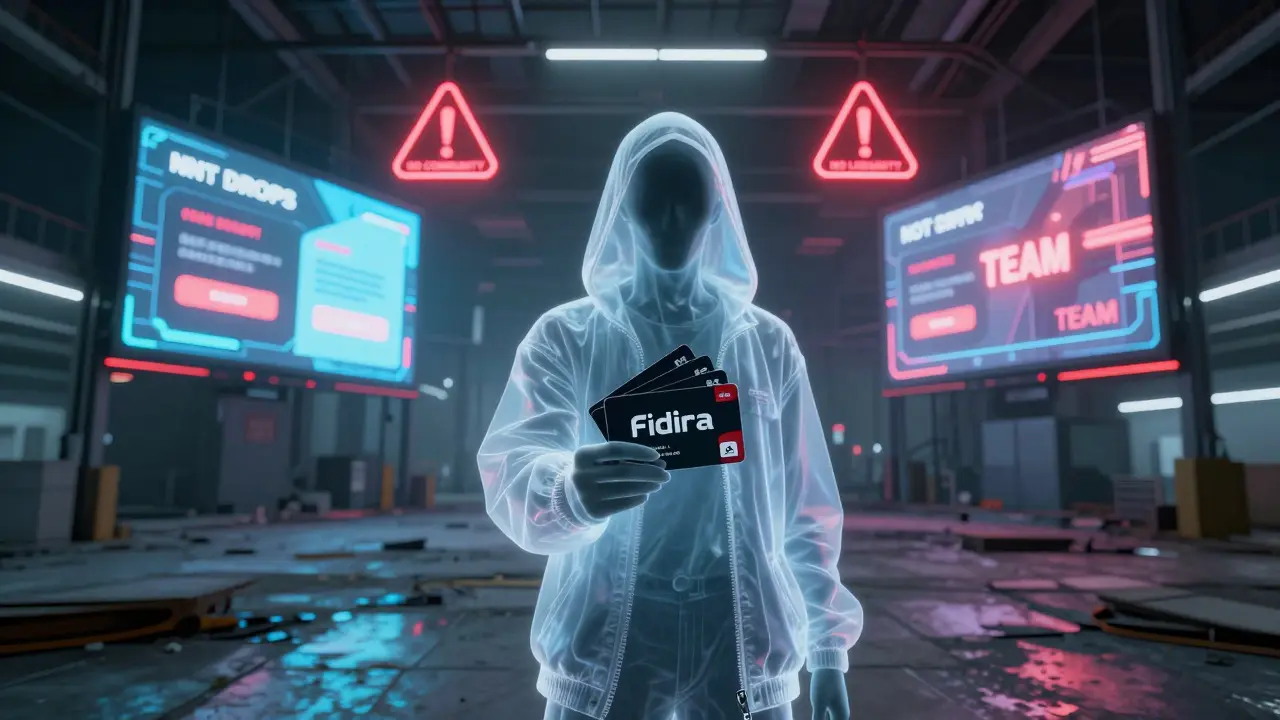 A lone figure in a warehouse holding unused Fidira gift cards, surrounded by floating digital warnings in the dark.