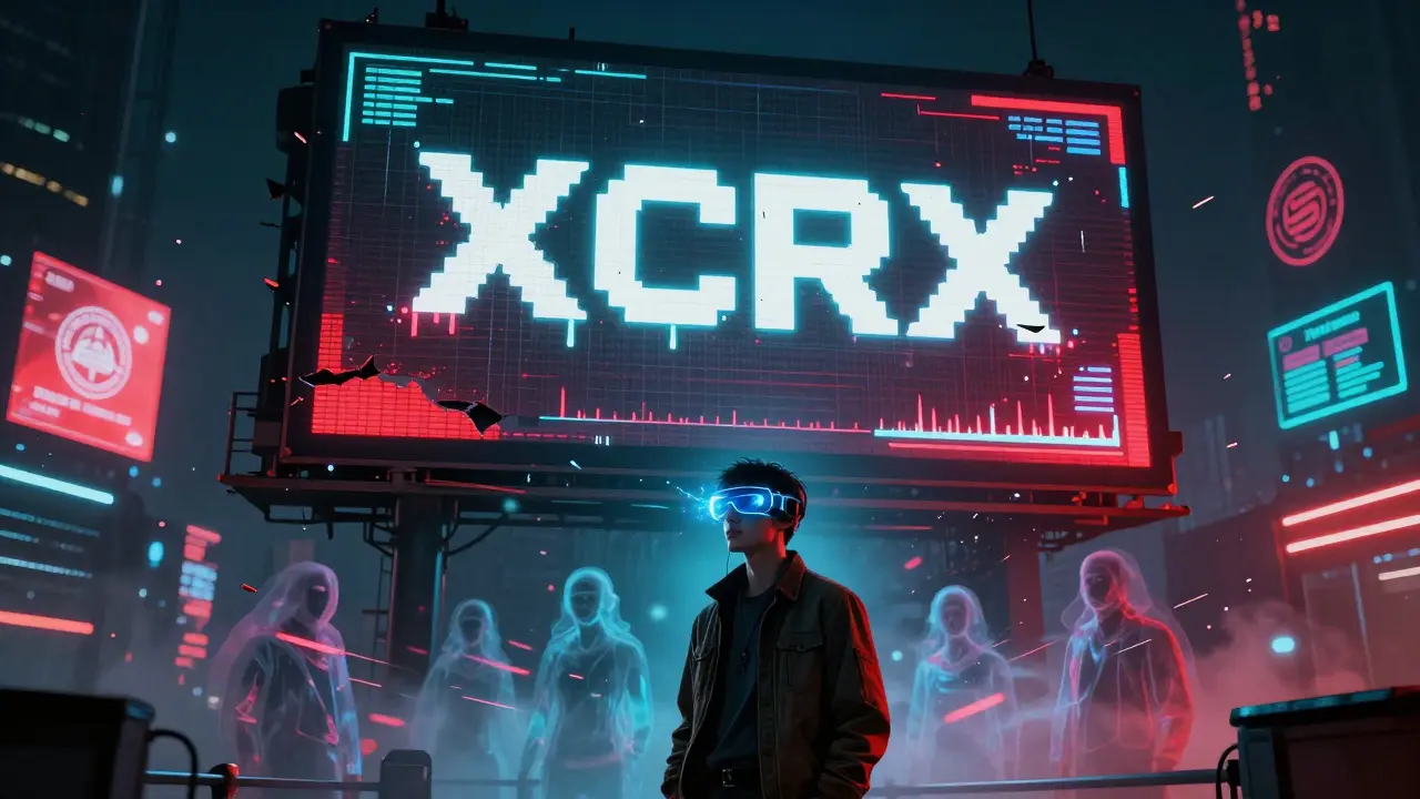 A lone investor stares at a glitching XCRX price chart in a dark, neon-lit city.