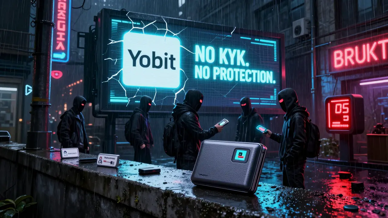 A neon alley with a YoBit billboard warning &#039;NO KYC. NO PROTECTION.&#039; and masked figures exchanging crypto data chips.