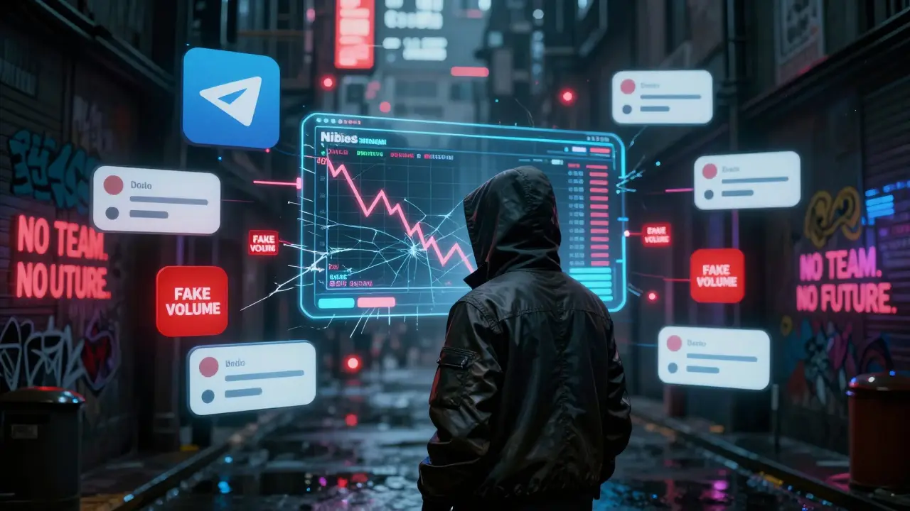 A person stares at a collapsing Nibbles price chart amid abandoned social media icons and fake volume alerts.