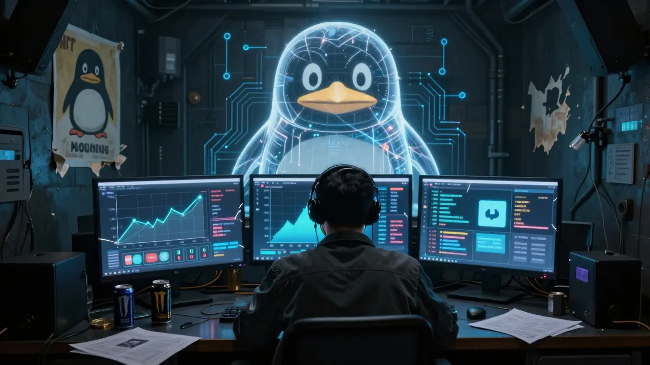A trader in a dark bunker surrounded by flickering ABSTER price graphs and a fading Pudgy Penguins poster.