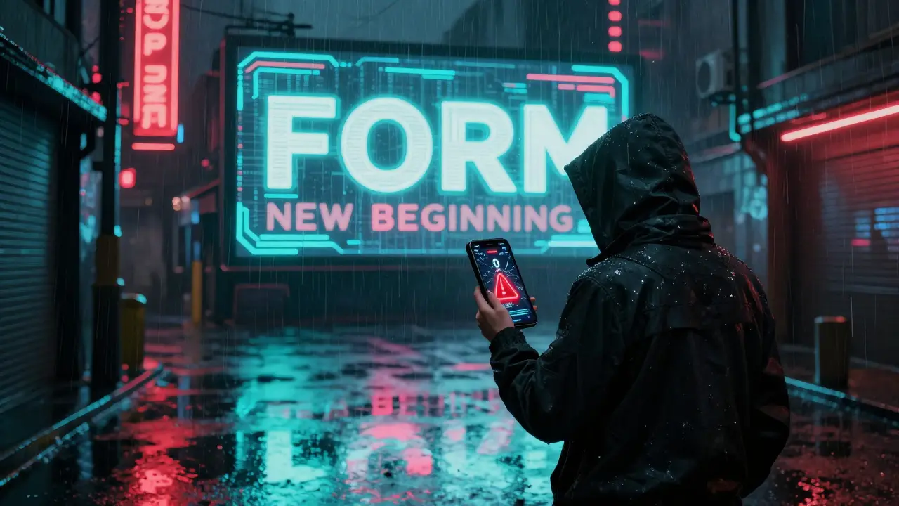 A user in a rainy alley sees their BNX balance turn to zero while a FORM token billboard glows behind them.