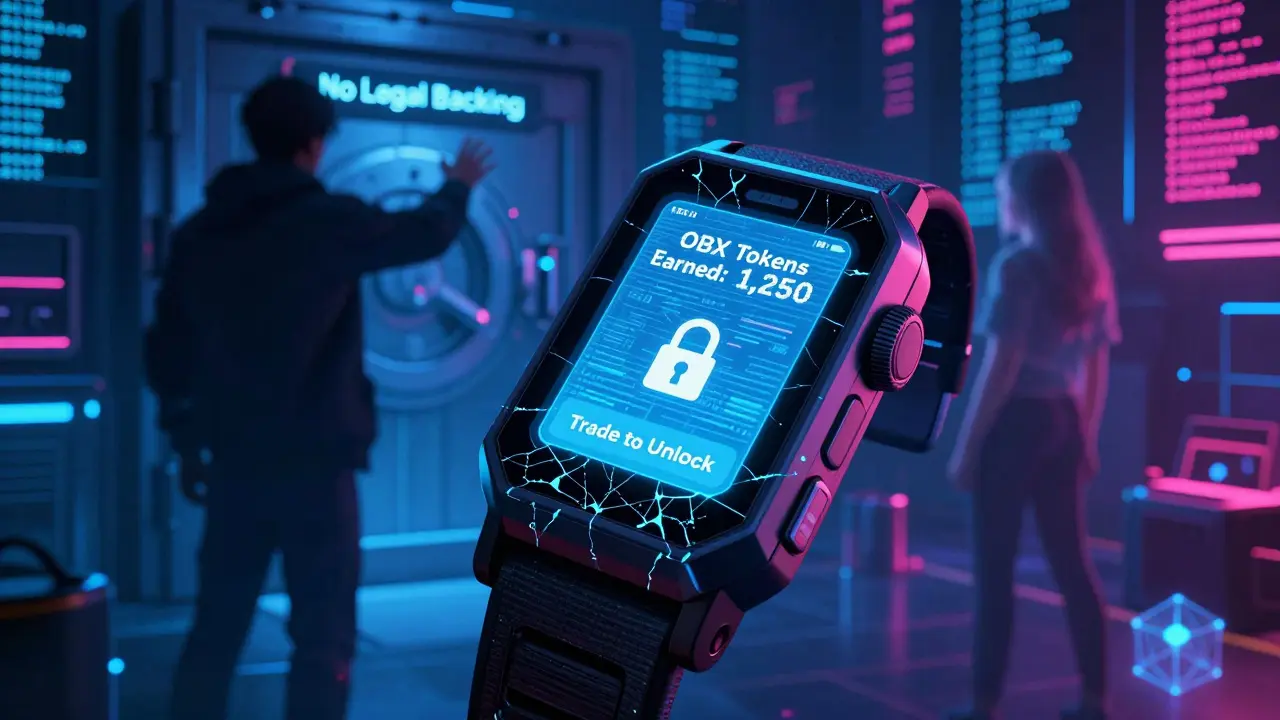 A wrist device showing locked OBX tokens with shadowy figures vanishing into static behind a &#039;No Legal Backing&#039; vault.