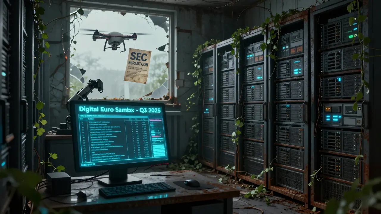Abandoned server room with fading XRP order book and digital euro sandbox message, vines growing over old tech.