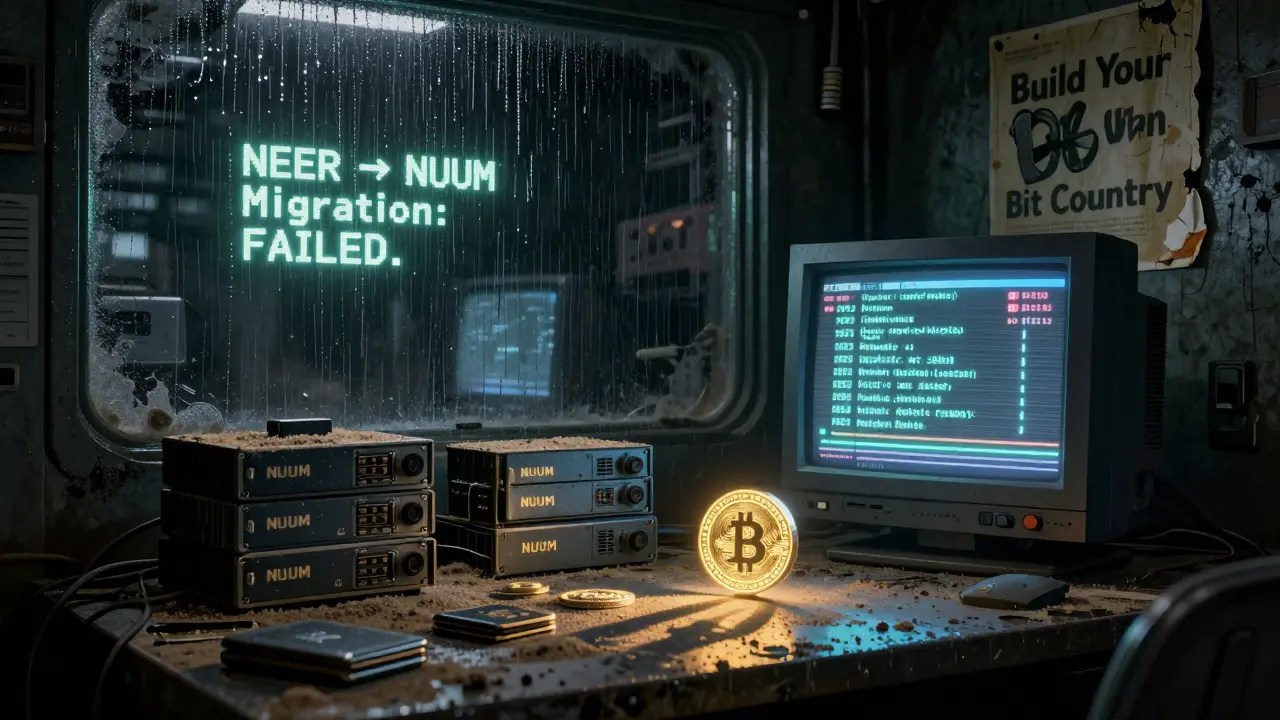 An abandoned crypto terminal with failed migration alerts and dusty KSM wallets under flickering screen light.