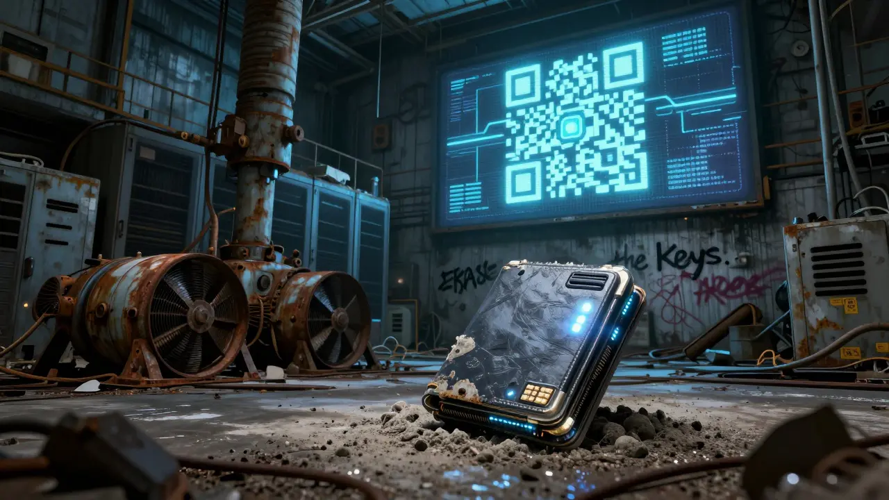 An abandoned mining room holds a buried hardware wallet, overshadowed by a massive digital yuan billboard.