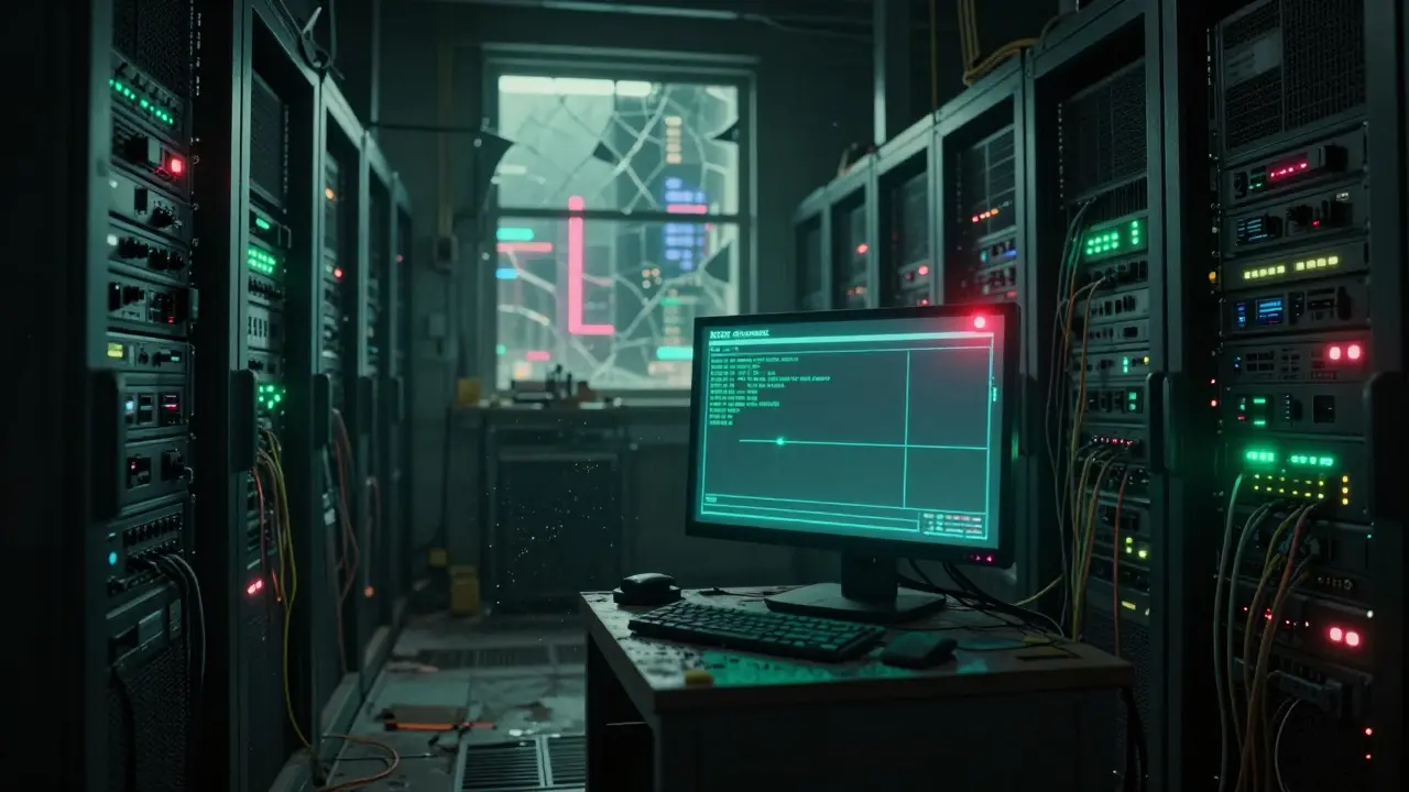 An abandoned server room with a corrupted XCRX terminal and a red warning light.