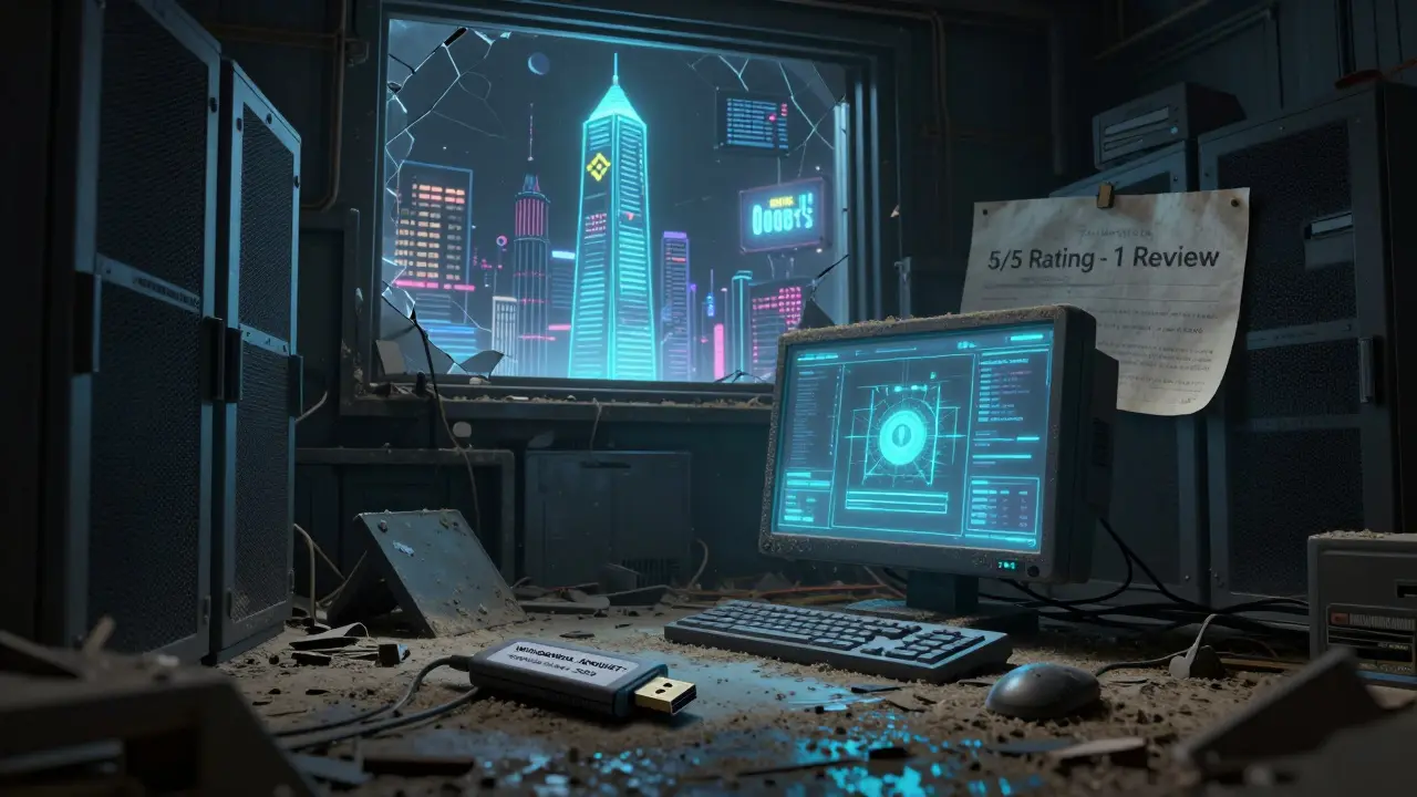 An abandoned server room with a dying OOOBTC terminal and a faded 5/5 review printout amid debris.