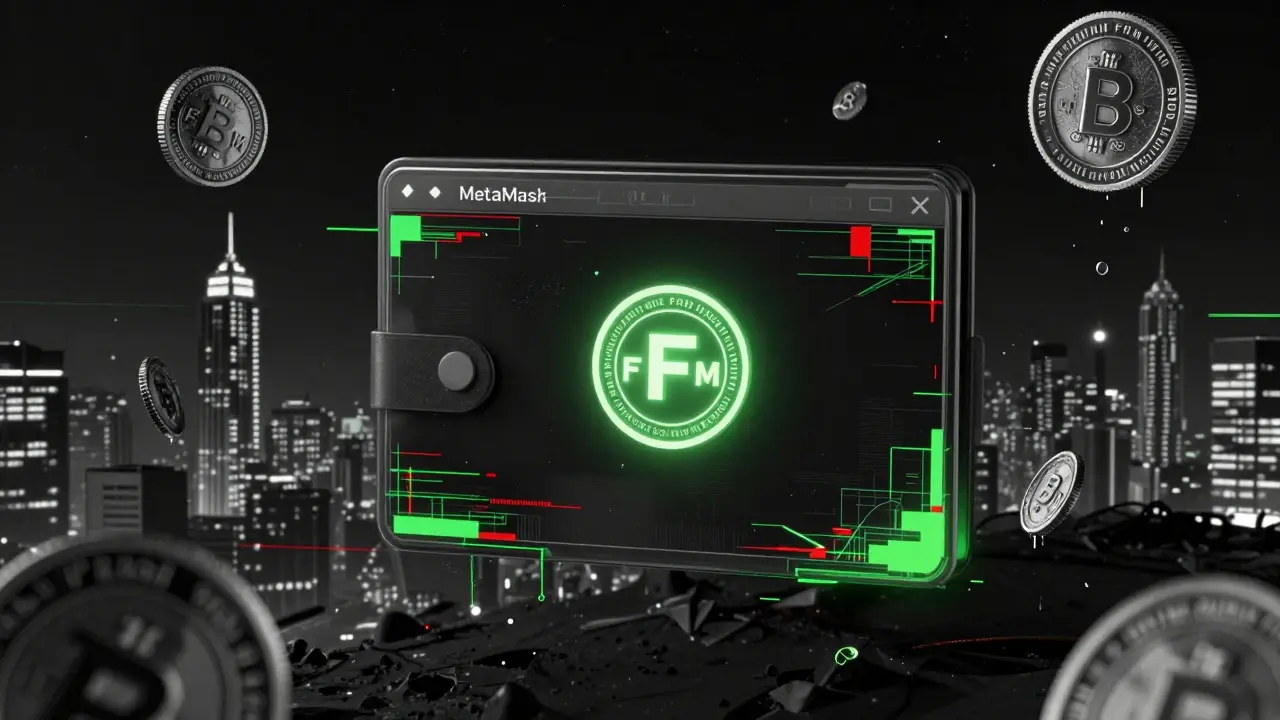 An abandoned wallet floats in space with decaying BNX tokens as a single FORM token pulses with light.