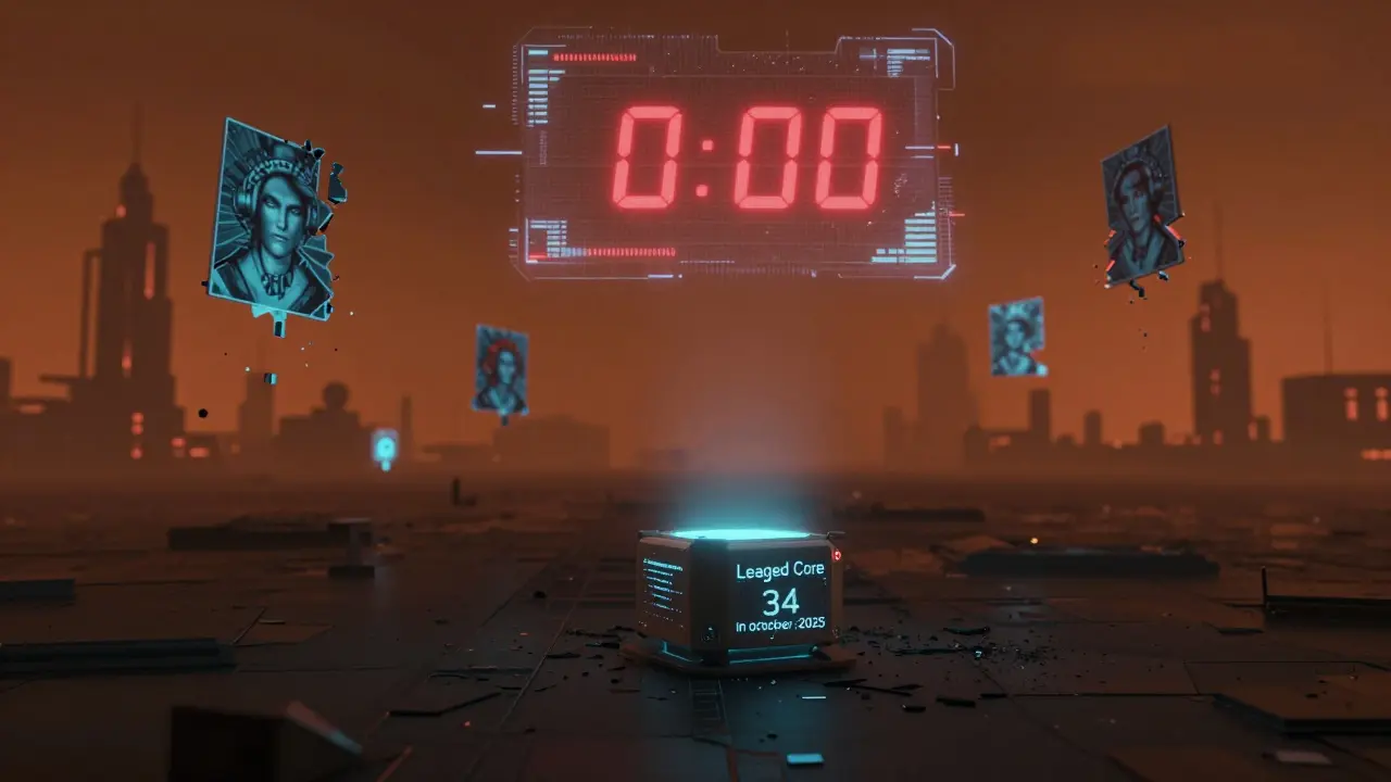 An empty digital metaverse with a fading blockchain node and a countdown clock as avatars decay into pixels.
