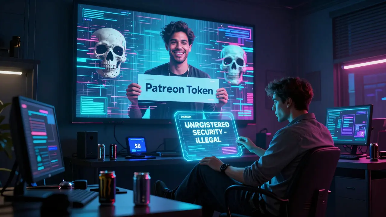 An investor in a dark room faces a SEC warning hologram while a creator's image glitches into a skull.