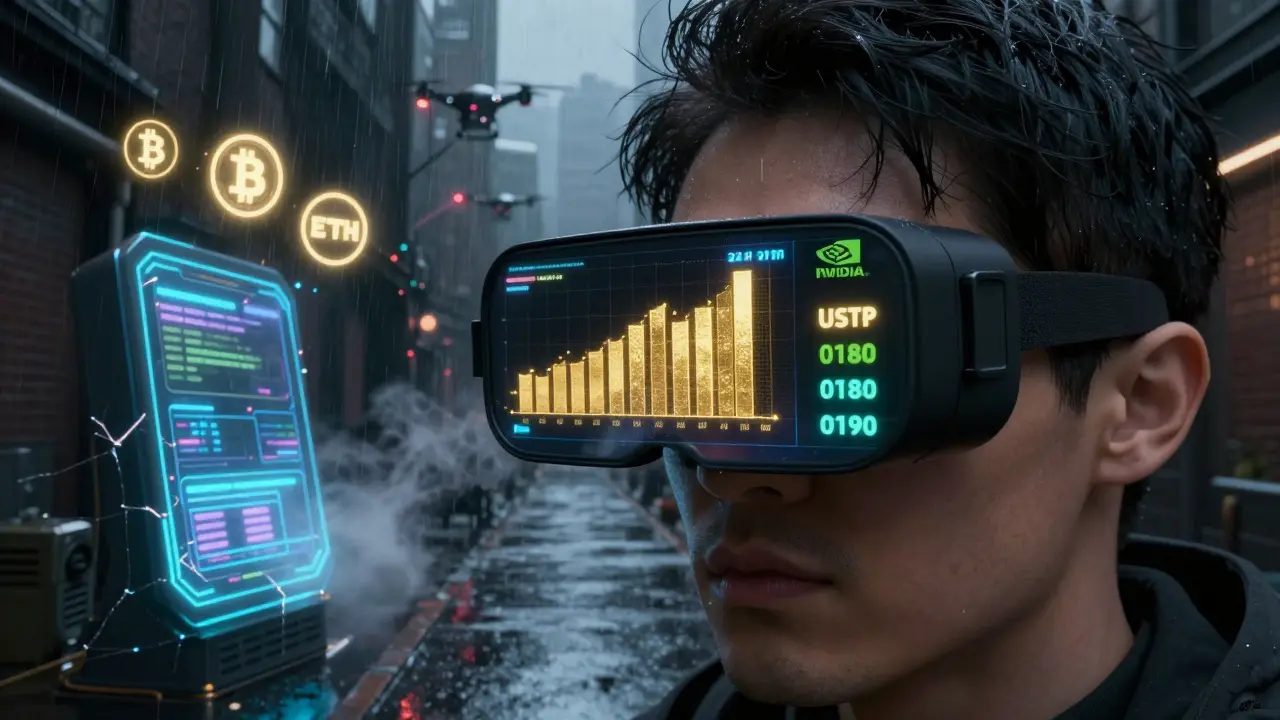 Augmented reality view showing tokenized gold and NVIDIA stock over a rainy urban alley with crypto deposit symbols.