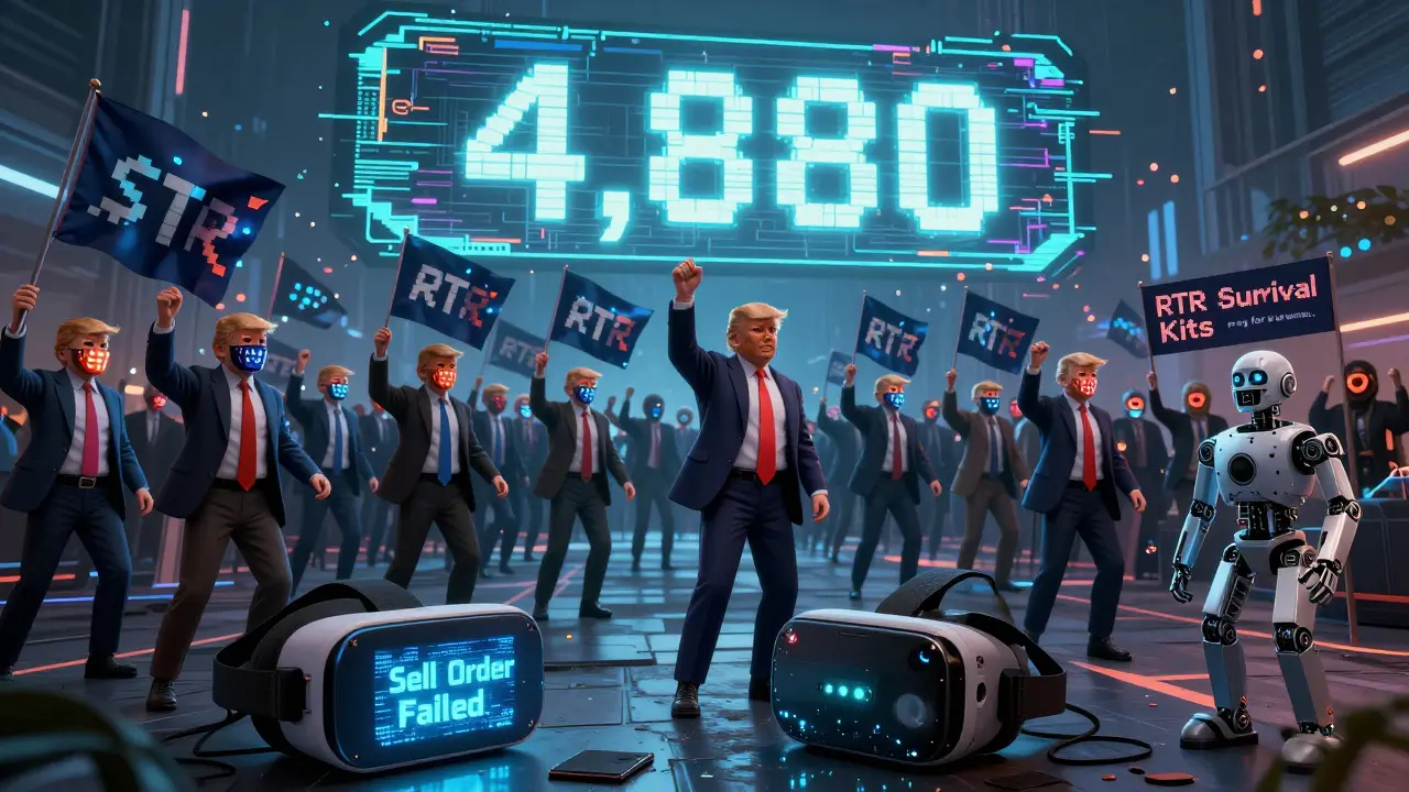 Avatars at a virtual rally wave fading $RTR flags under a glitching blockchain ledger.