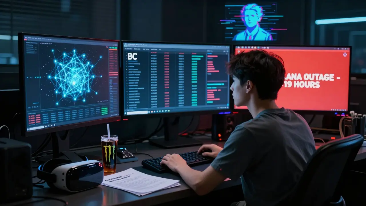 Crypto trader surrounded by screens showing Bitcoin&#039;s secure network vs. unstable Solana-based BC token.