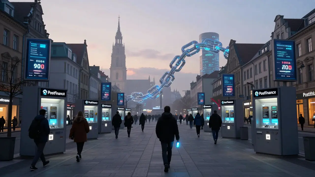 Dawn in Zug’s Crypto Valley with PostFinance kiosks and a digital blockchain sculpture connecting old and new.