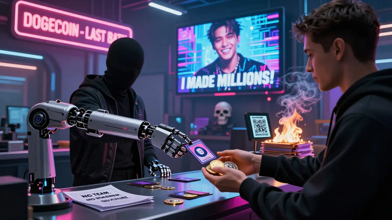 Dystopian market selling memecoin cards as a glitching celebrity billboard reveals a skull beneath.