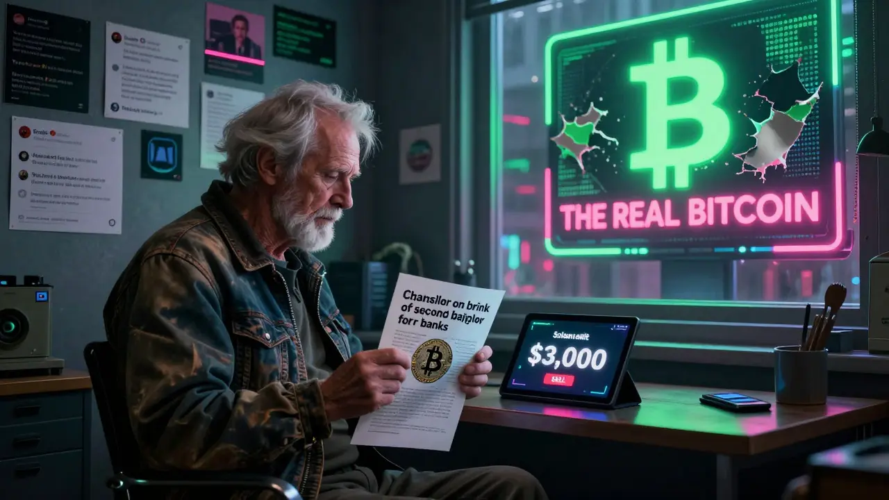 Elderly man holding Bitcoin Genesis Block print as his tablet displays losing BC tokens in dim apartment.