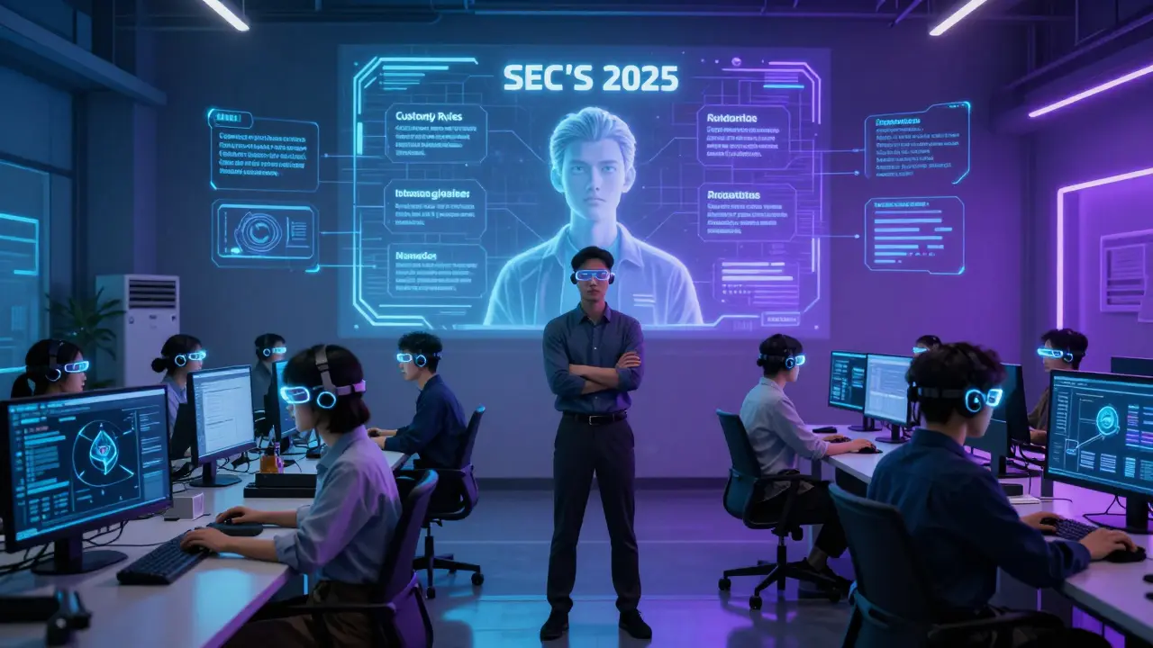Employees in neural headsets training with virtual blockchain forensics, SEC roadmap projected as glowing digital mandates.
