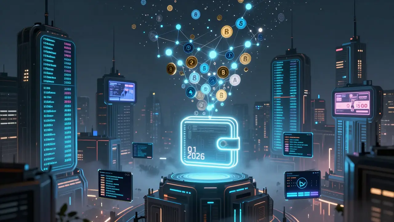 Futuristic city of blockchain buildings with a wallet icon above a countdown timer, surrounded by floating RARA tokens.