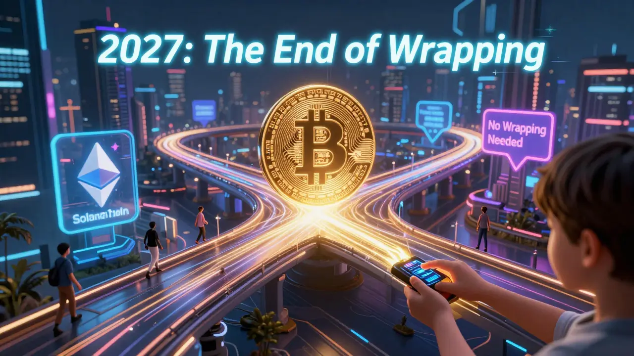 Futuristic city with seamless blockchain highways and 'No Wrapping Needed' holograms.