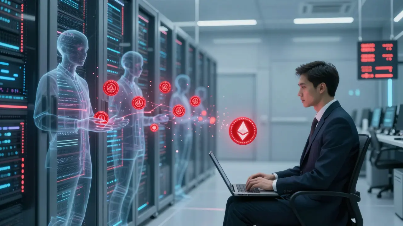 Ghostly recruiters infiltrate a server room, draining session cookies from an engineer's screen as Ethereum funds vanish silently.