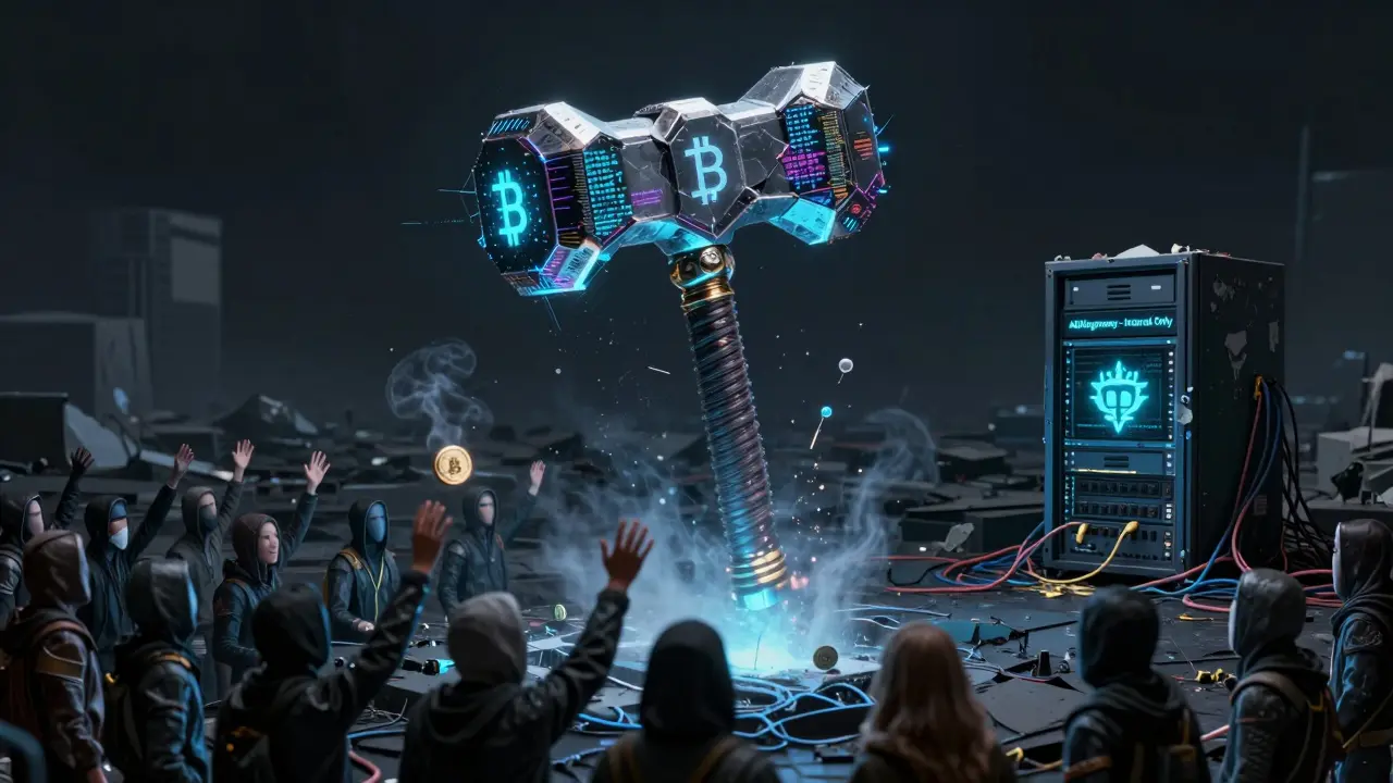 Glitching Mjolnir hammer made of crypto symbols hovering over empty blockchain, real KingMoney server in distance.