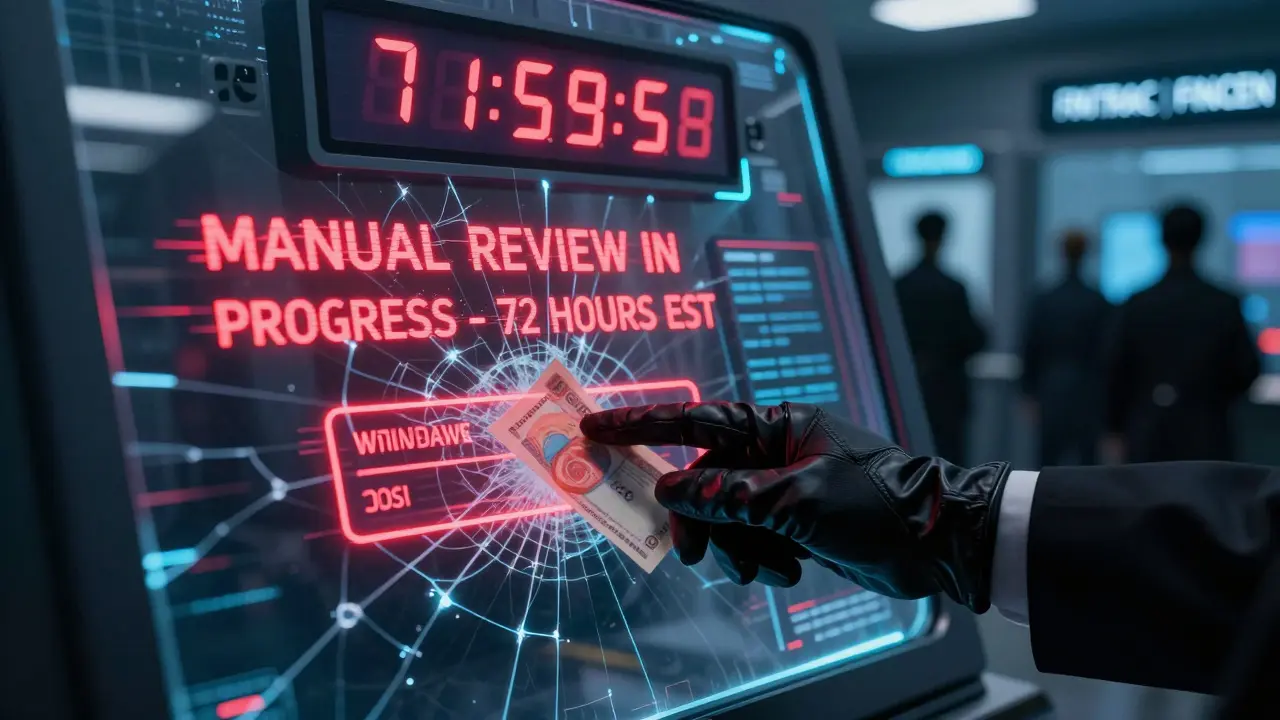 Gloved hand submitting a withdrawal with glitching compliance alerts and a 72-hour countdown timer.