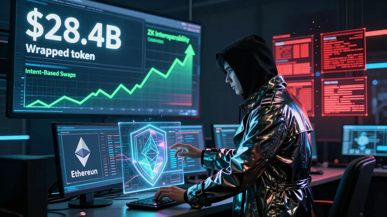 Hacker interface showing ETH moving directly between chains, wrapped token counter declining.