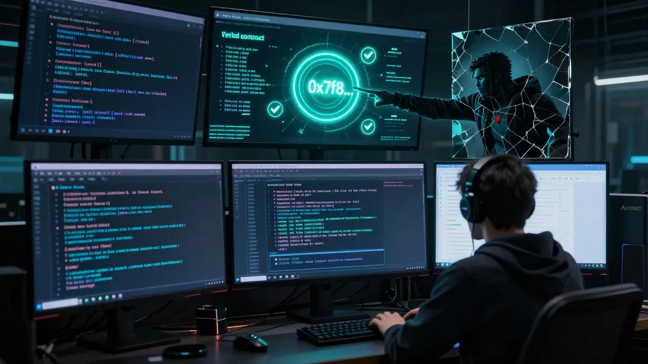 Hacker lounge with multiple crypto contracts, only one glowing as legitimate.