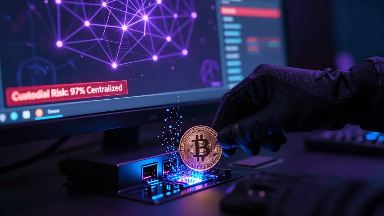 Hand inserting Bitcoin into an ERC-20 port as it transforms into a digital WBTC token.