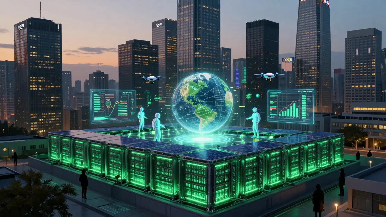 Hidden Morphware facility in a cybercity, projecting AI simulations under green energy lights