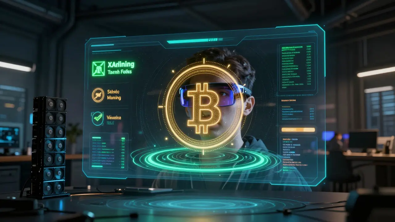 Holographic XMW dashboard showing AI and Bitcoin mining activity in a dark room
