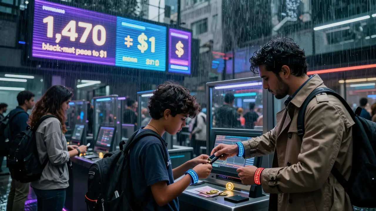 People at an underground crypto kiosk exchange pesos for stablecoins in a rainy Buenos Aires night.