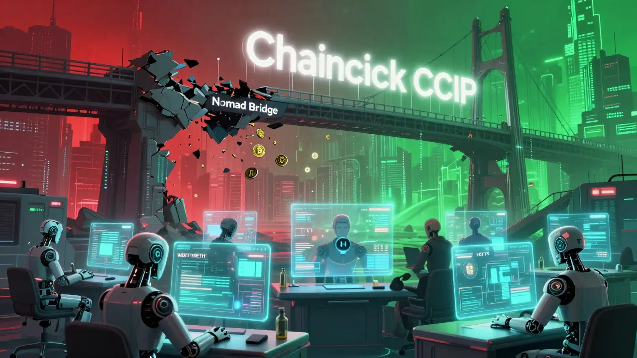 Robotic avatars trading wrapped tokens as a collapsed bridge spills stolen assets into darkness.