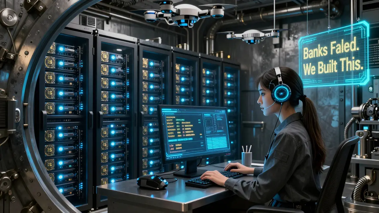 SEC-regulated crypto server farm with glowing cold wallets and security drones