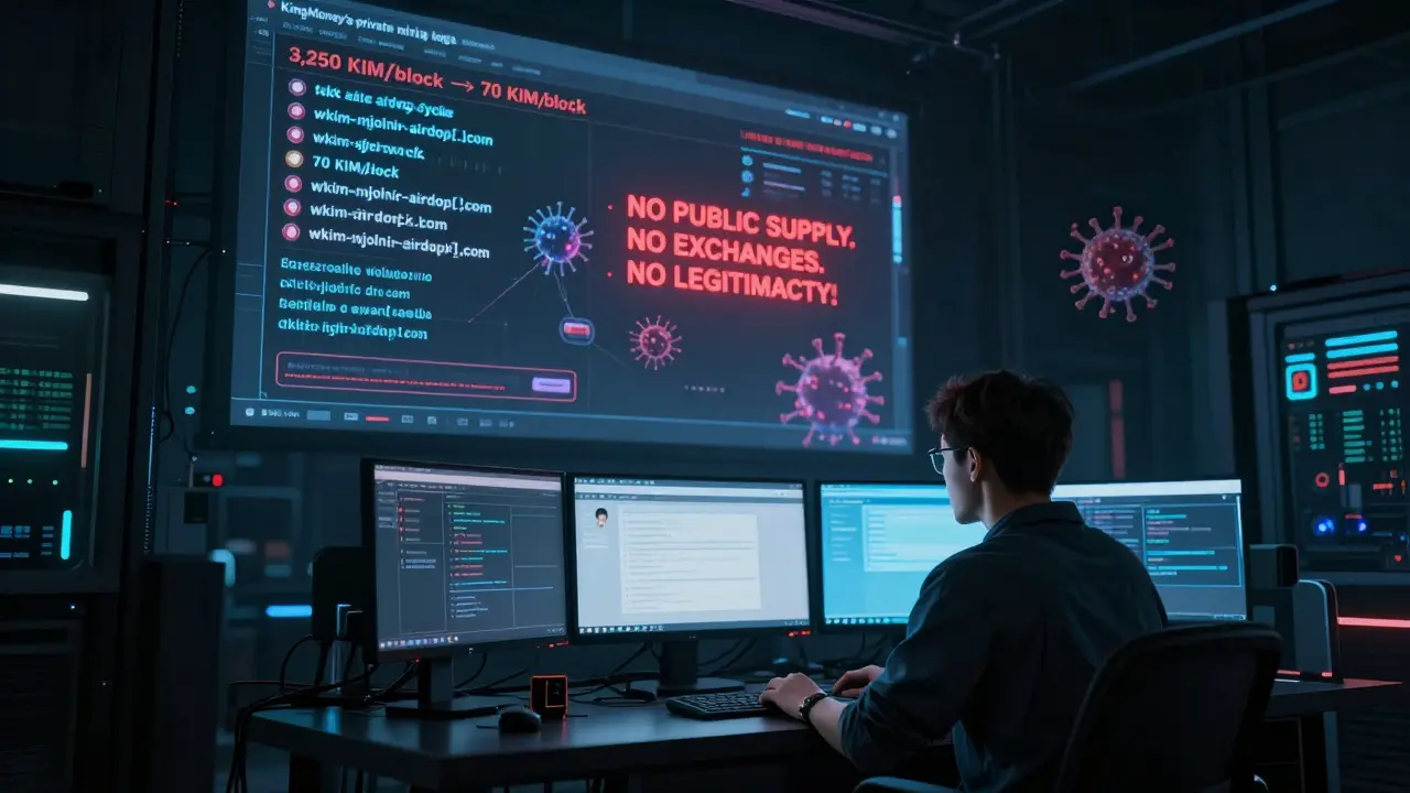 Server room with KingMoney mining logs and ghostly fake airdrop websites flashing warnings.
