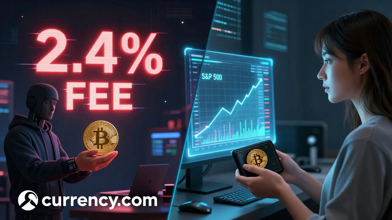 Split scene: one side shows high withdrawal fees, the other shows calm profit from tokenized index trading.
