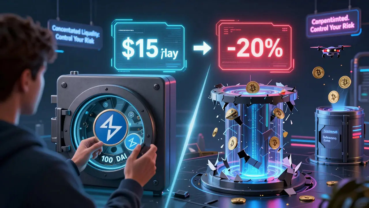 Split-screen comparison of held assets vs. liquidity pool loss, with fee rewards battling red warning signs.