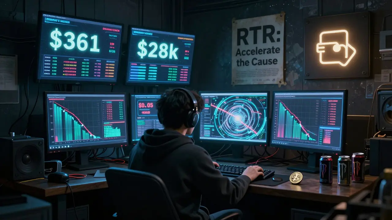 Trader in a cluttered room watches crashing RTR price charts on flickering monitors.