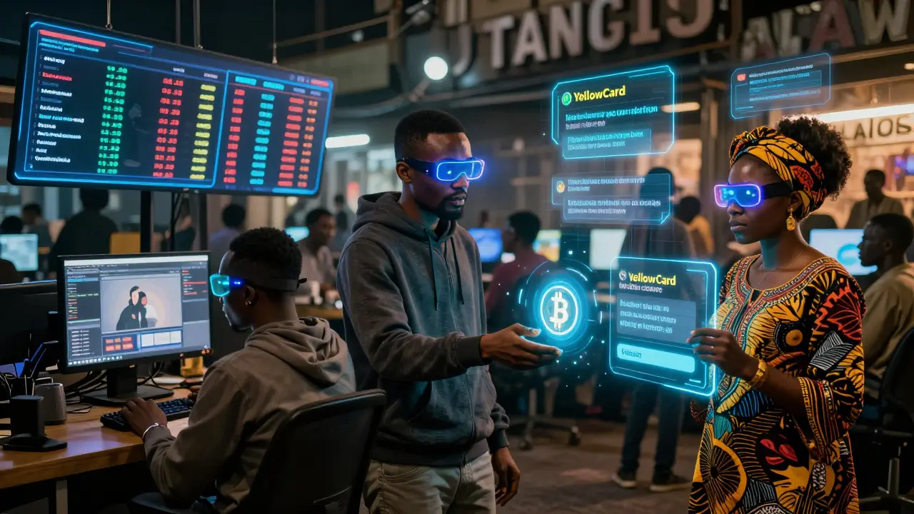 Traders in underground hub using holographic dashboards to trade crypto in real time