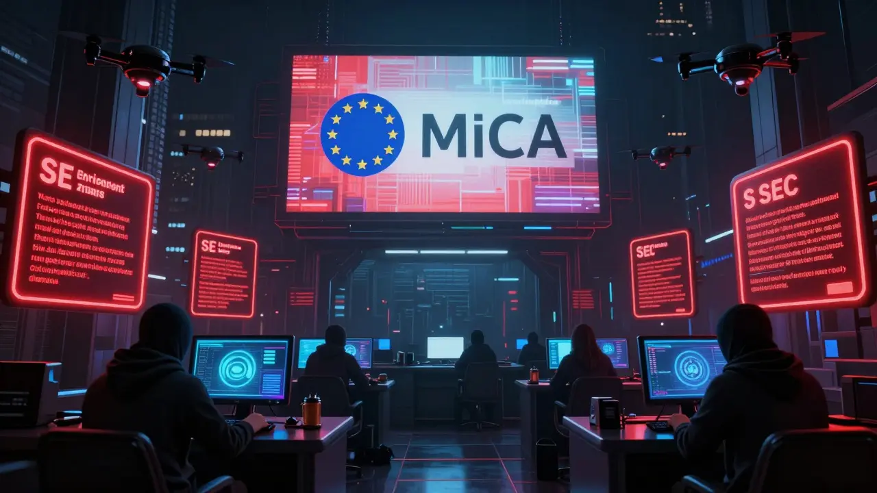 Underground crypto exchange with privacy coins being traded, overlaid by SEC and MiCA regulatory warnings in neon lights.