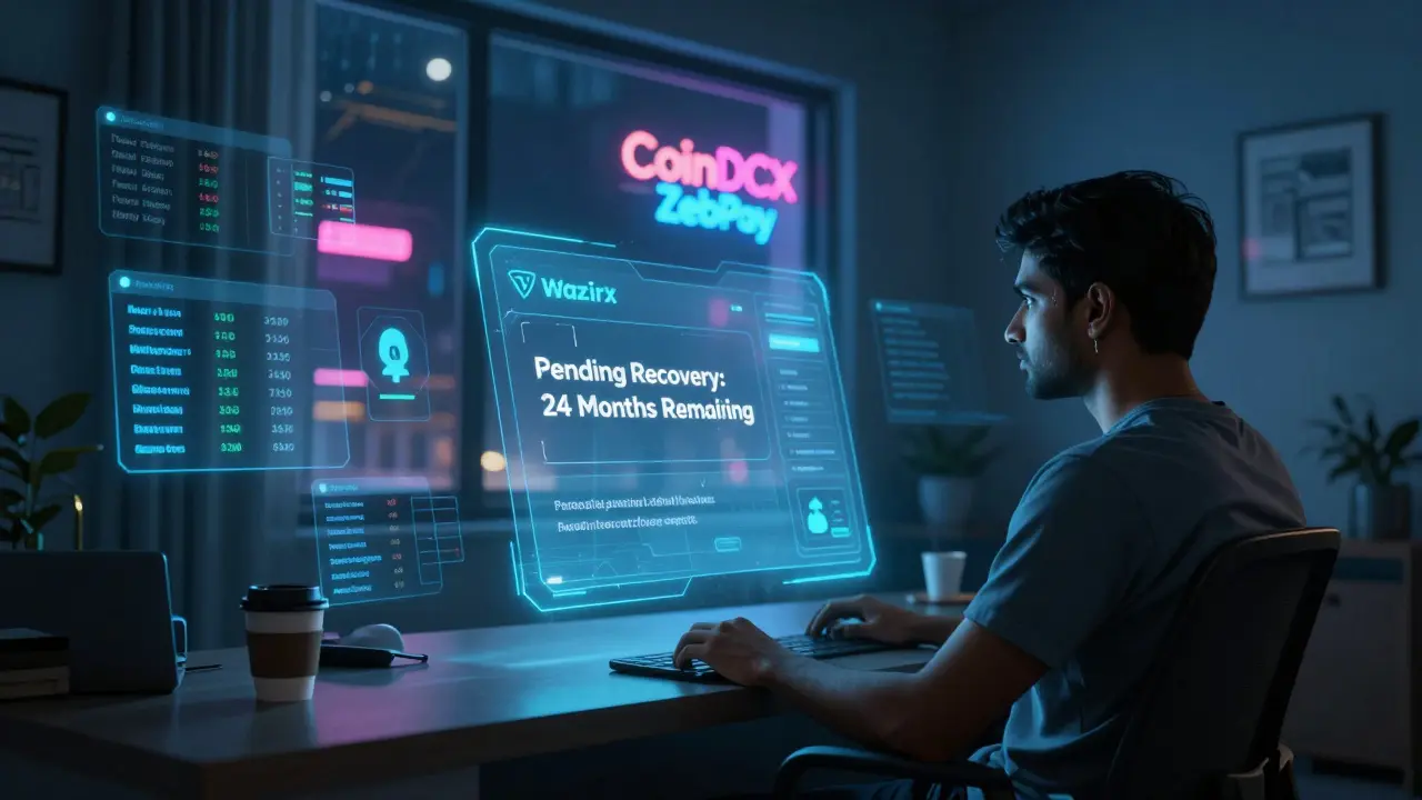 User staring at recovery notification while rival exchanges glow brightly outside the window.