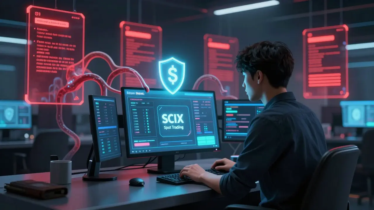 User trading SCIX on Bitget while ghostly scam portals loom behind.