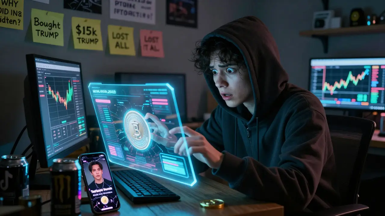 Young person in a dim room overwhelmed by glowing crypto charts and notes about lost investments.