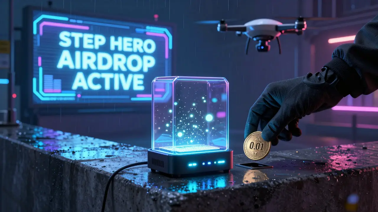 A burner wallet on a rainy ledge with $HERO tokens inside, next to a tiny ETH coin, under a flickering cyberpunk billboard.