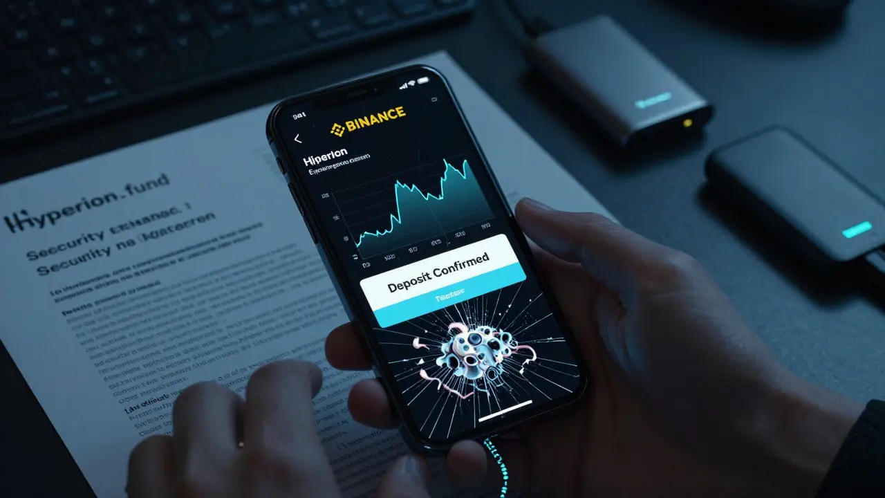 A cracked phone showing a fake trading site, with a hardware wallet and security docs nearby as malware drains funds.