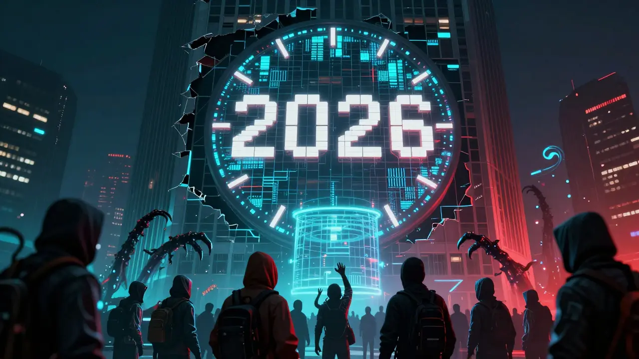 A digital clock counting down to February 2026 with blockchain blocks, surrounded by figures reaching for an airdrop portal.