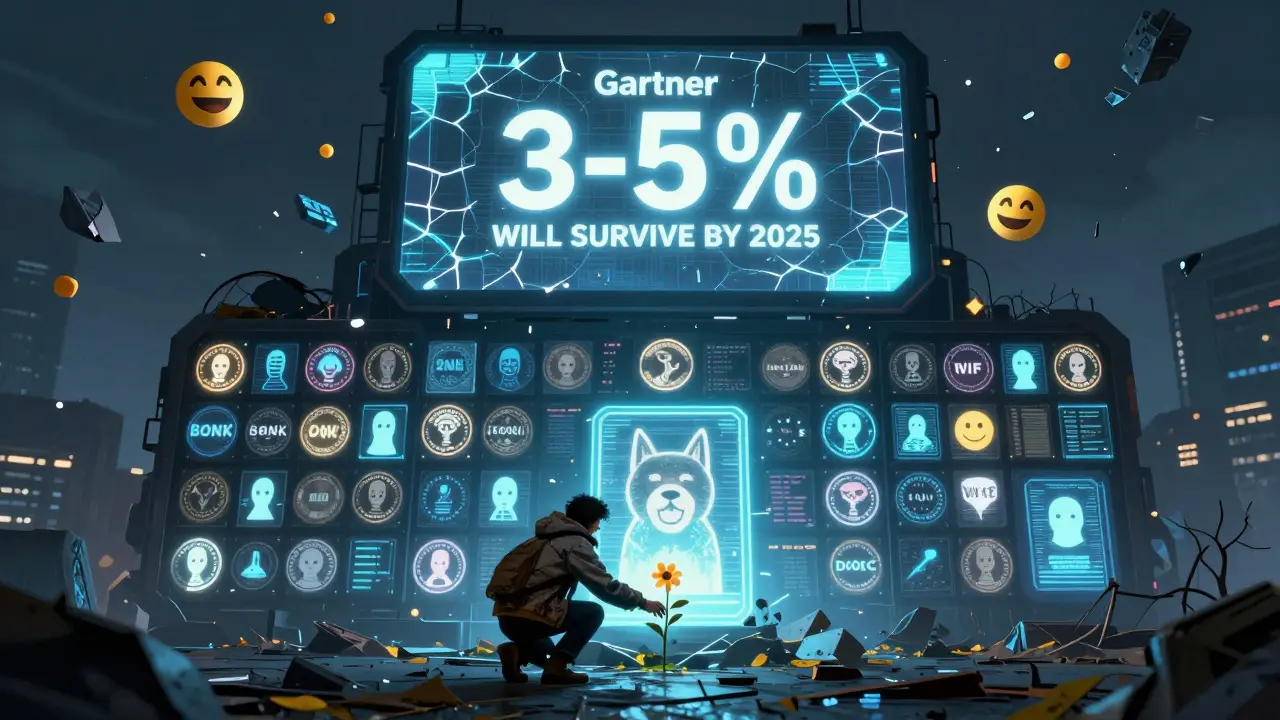 A digital graveyard of fading memecoin holograms, with one bright DOGE token and a screen showing only 3-5% will survive by 2025.