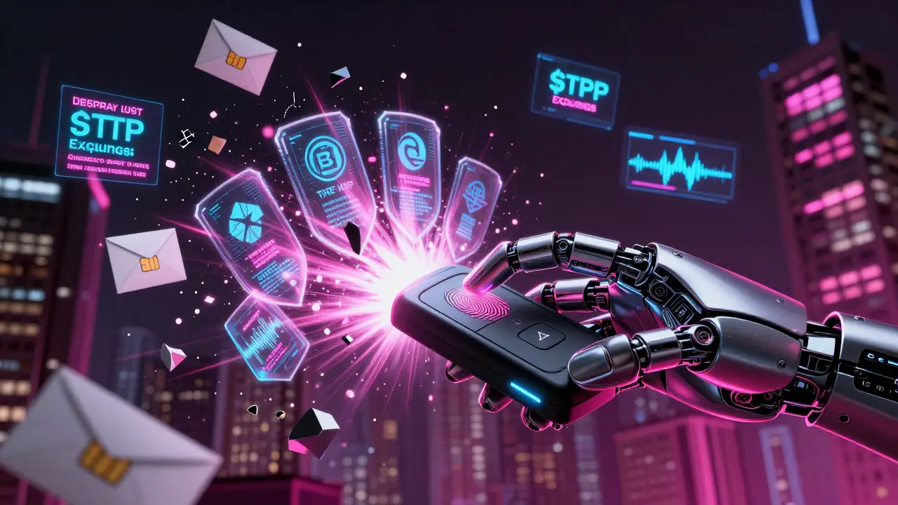 A fingerprint activating a passkey that destroys phishing attacks, set against a city of flickering crypto brand holograms.