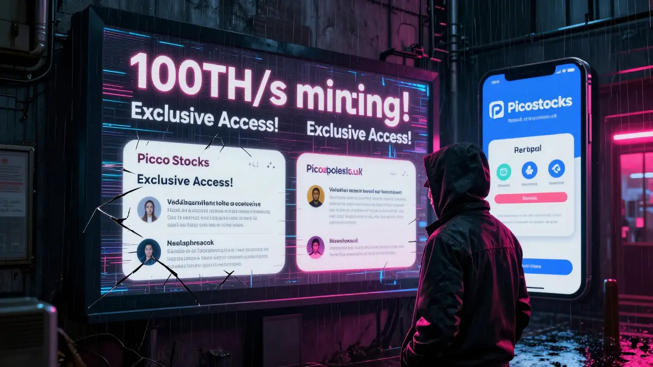 A glitching scam billboard reveals hidden fraud warnings in a neon-lit alley.